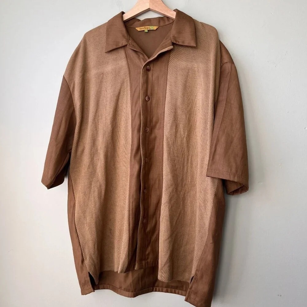 Silversilk Mens Brown Short‎ Sleeve Button-Up Shirt 2XL
